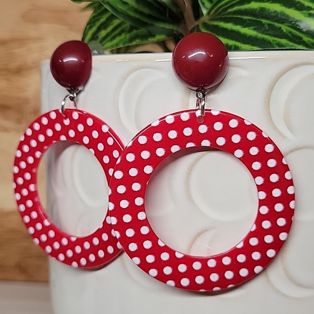 Red Swiss Dot Retro Hoop Earrings